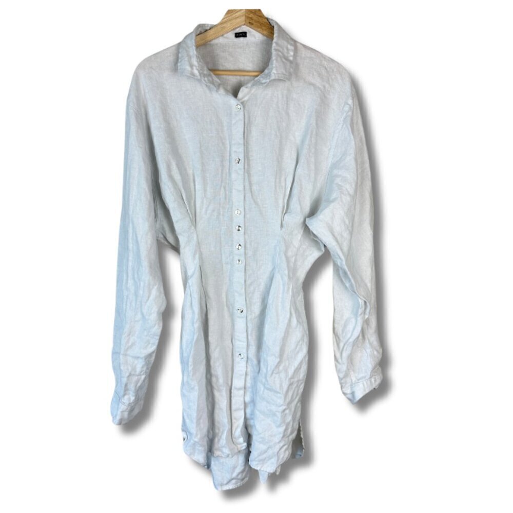 Mimii London Women's Button Down Shirt Dress Linen Synched Hem Mini White Small